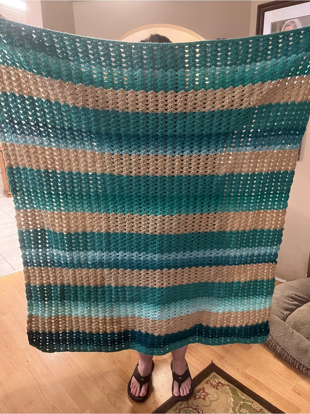 Striped Open-Knit Women’s Poncho Shrug - Teal & Tan